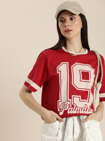 Women Red & Beige Varsity Printed Pure Cotton Oversized T-shirt